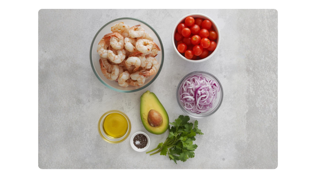 Ingredientes de tartar de quisquillas con cherrys