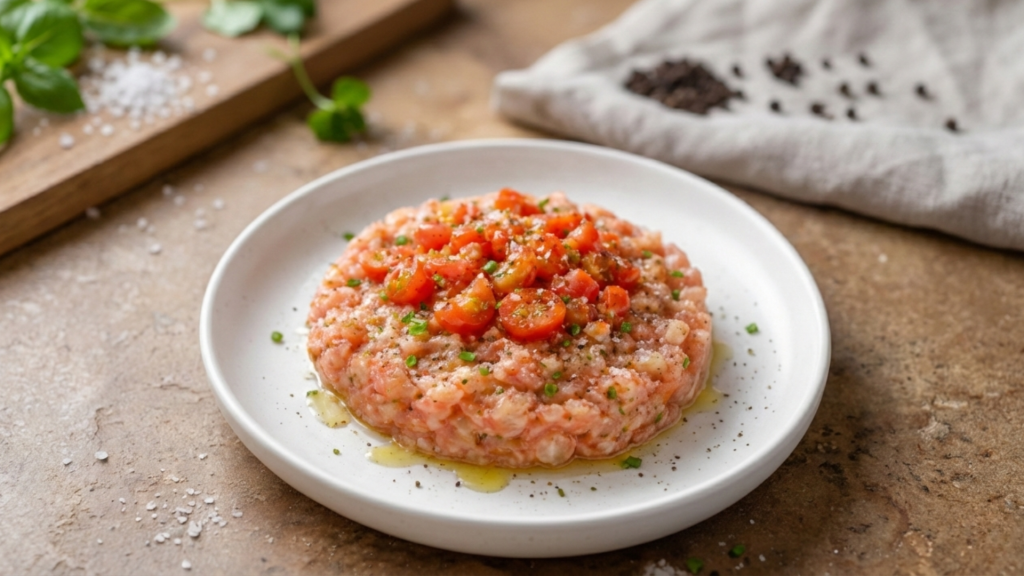 Plato de tartar de quisquillas con cherrys